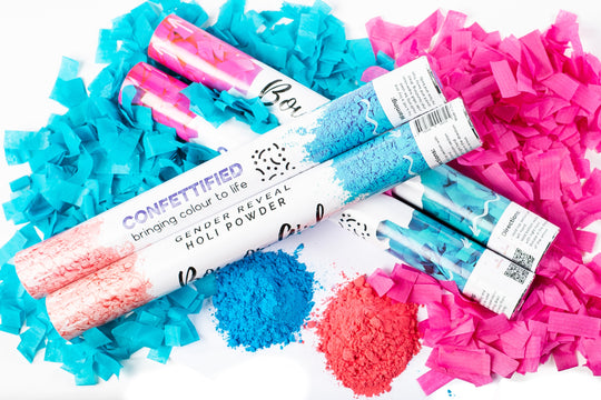 gender reveal cannon smoke and confetti in one popper