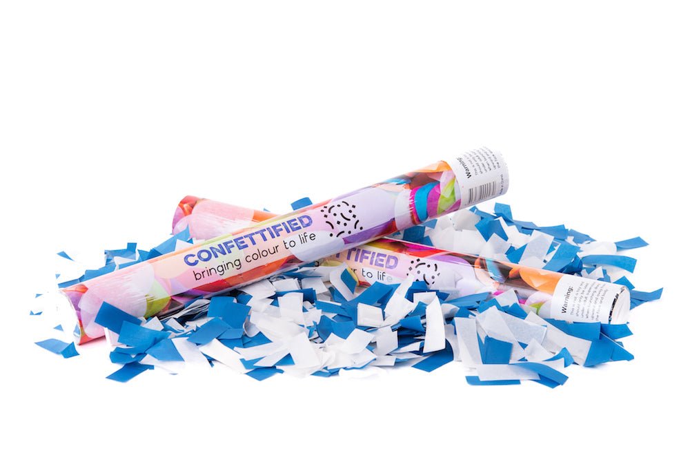 Dark Blue and White Greek Confetti cannon launcher/popper - Confettified - Party Popper