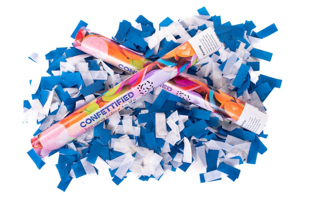 Dark Blue and White Greek Confetti cannon launcher/popper - Confettified - Party Popper